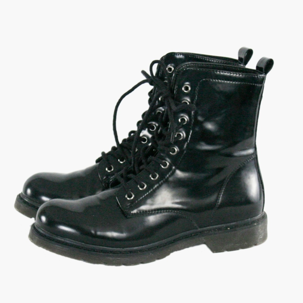 Bata Patent Leather Lace Up Combat Boot Black 8 38